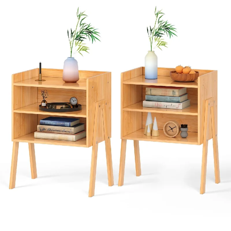 Nightstand Set of 2, Stackable Side Table with 2-Tier Open Storage Compartments, End Table with Solid Bamboo Legs - Easy