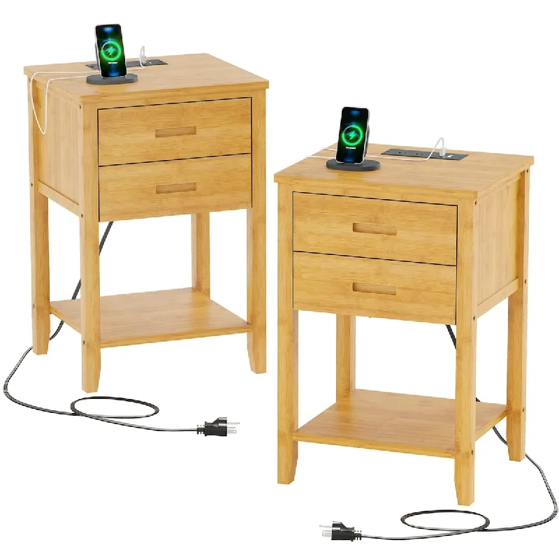 Nightstand Set of 2 with Charging Station, End Table with USB Ports and Power Outlets, Bamboo Mid Century Night Stands