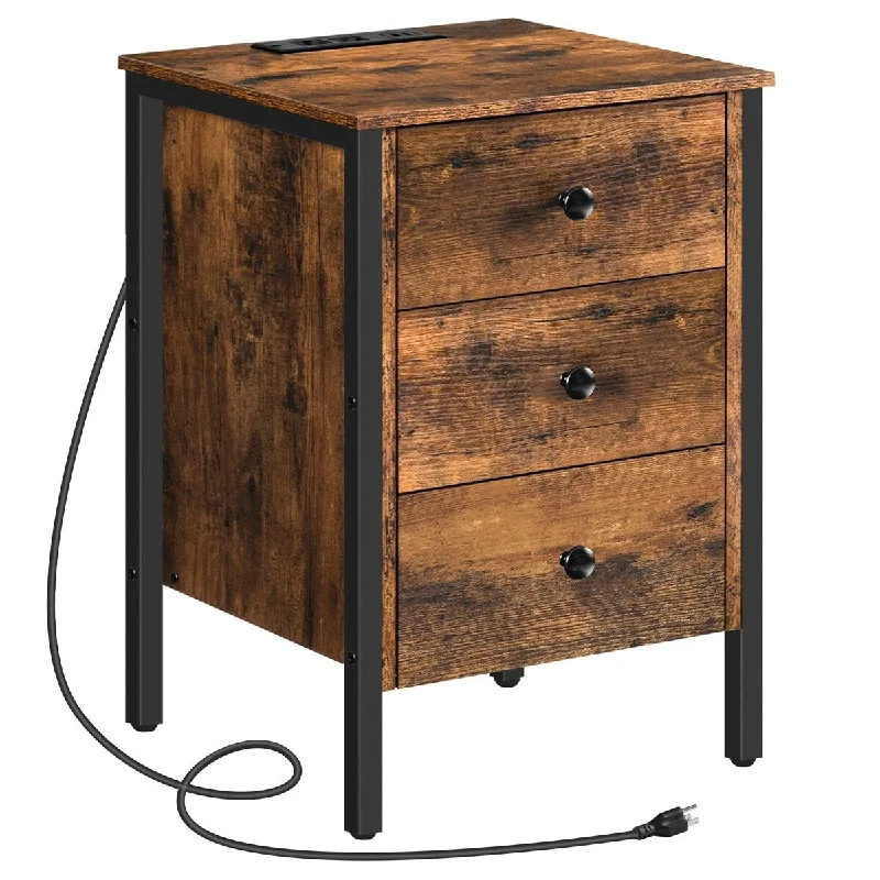 Nightstand with Charging Station,Side Table with 3 Drawers and Storage Shelf,End Table with USB Ports,Retro Industrial Style