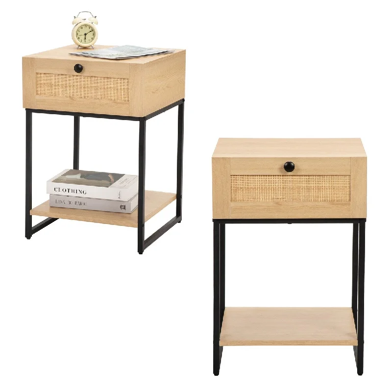 Nightstands Set of 2, Farmhouse End Table, Boho Side Table with 2 Rattan Decorated Drawers and Open Shelf, Wood Accent Table