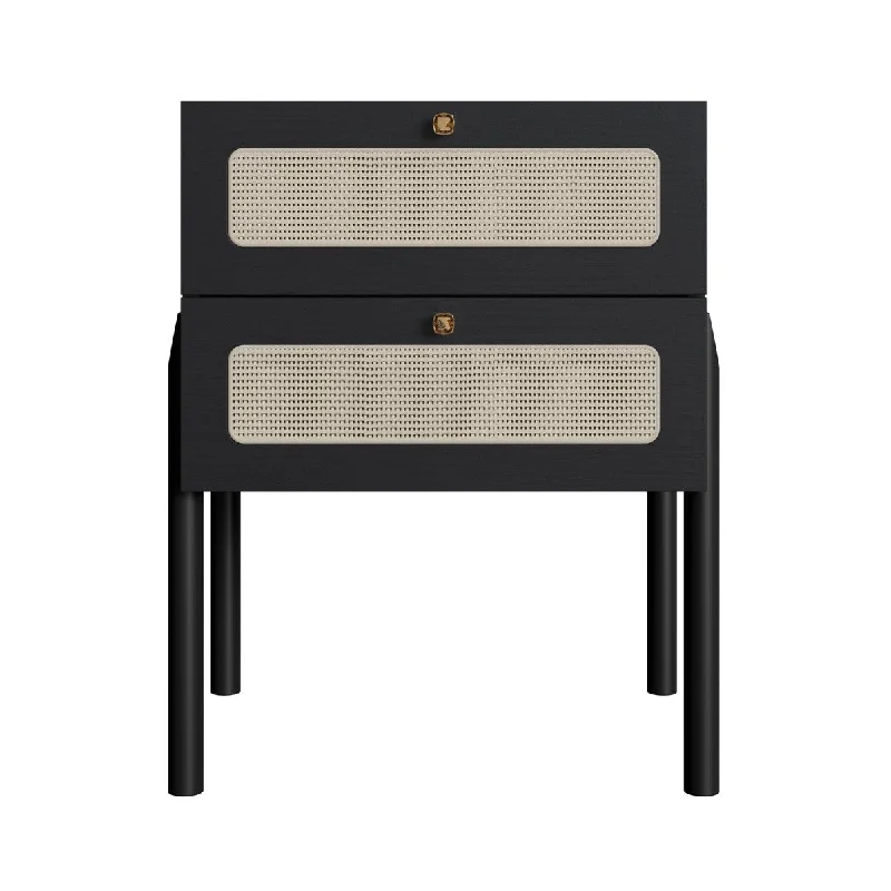 Oslo Nightstand End Table Storage Wood Leg Rattan 2 Drawer -Nero Black