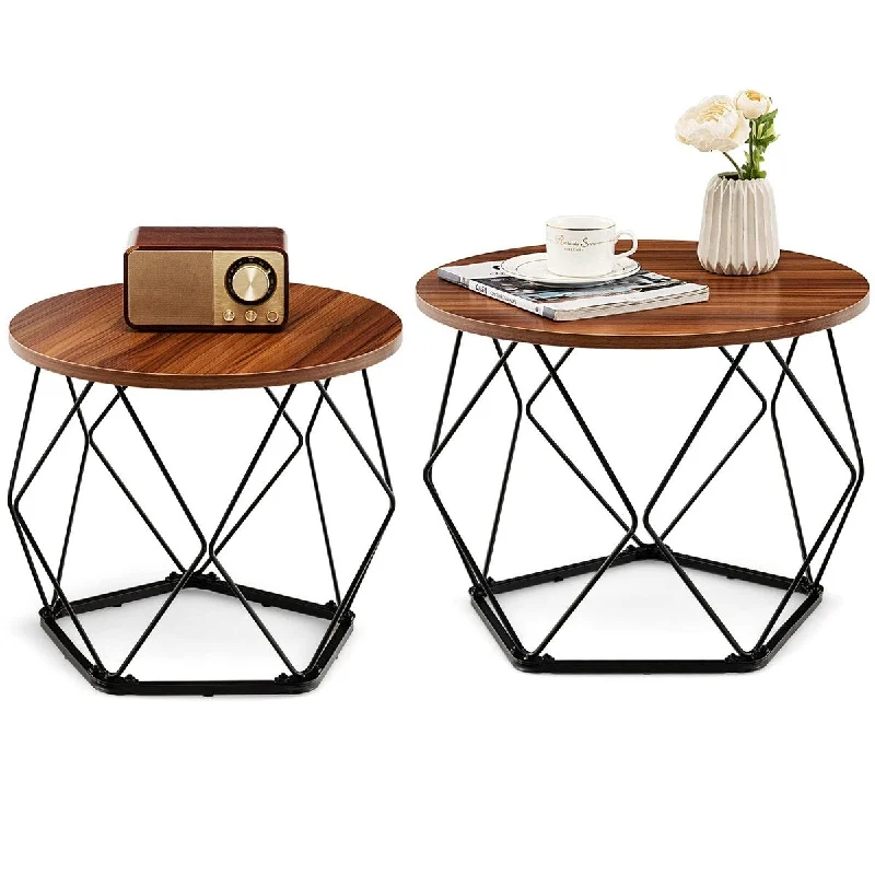 Round Coffee Table Set of 2, Industrial Wooden Nightstands with Sturdy Metal Frame, Big Coffee Table and Small End Table Set