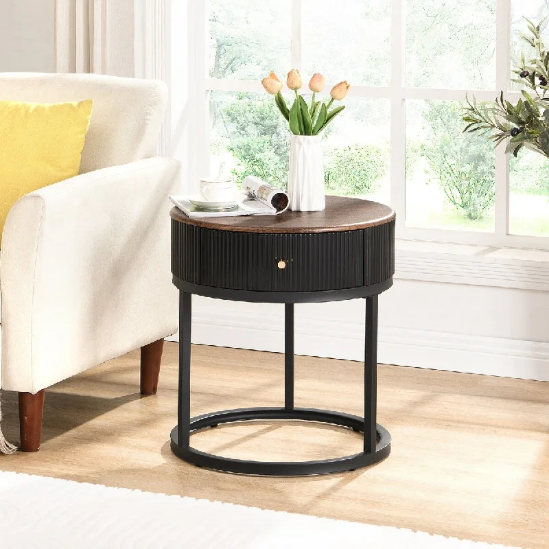 Round Nightstand with Drawer, 19.68 Inch Wood End Table with Storage, Small Table