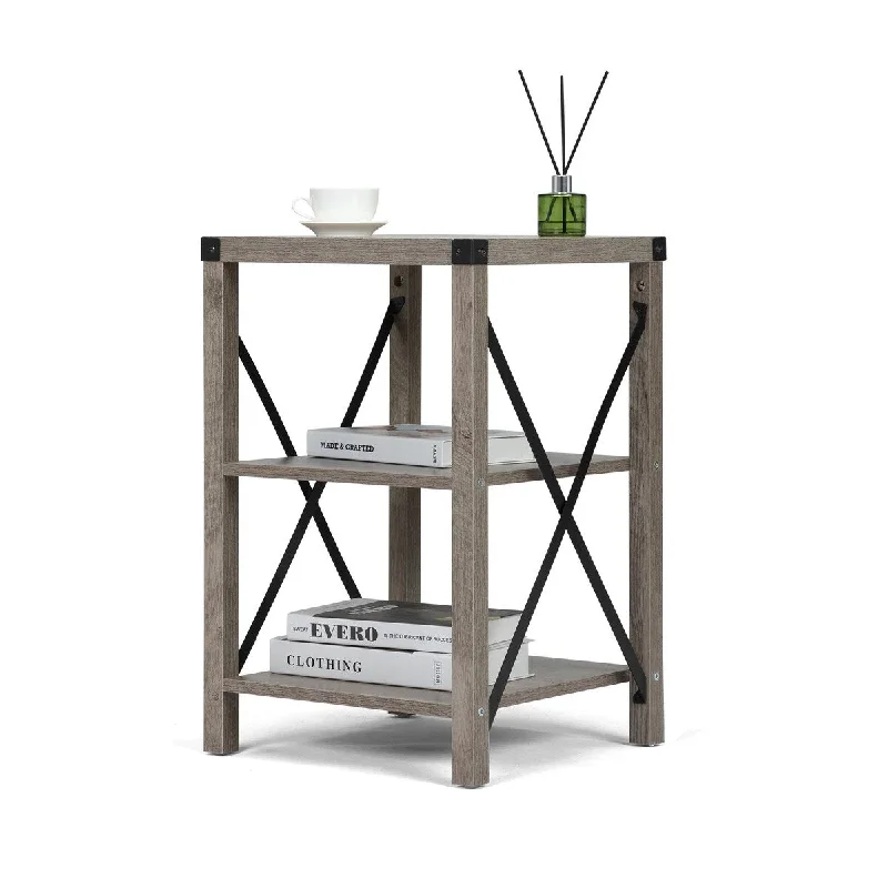 Rustic Gray Wash Farmhouse End Table - X-Shaped Metal Support, 3-Tier Storage Shelf - Vintage Charm