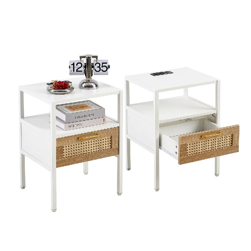 Set of 2,15.75" Rattan End table with Power Outlet & USB Ports,Modern Nightstand with Drawer and Metal Legs