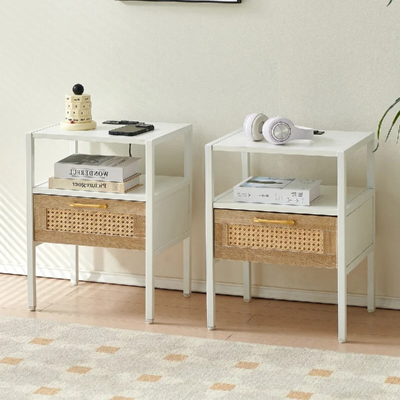 Set of 2, 15.75" Rattan End table with Power Outlet & USB Ports , Modern nightstand with drawer and metal legs, side table