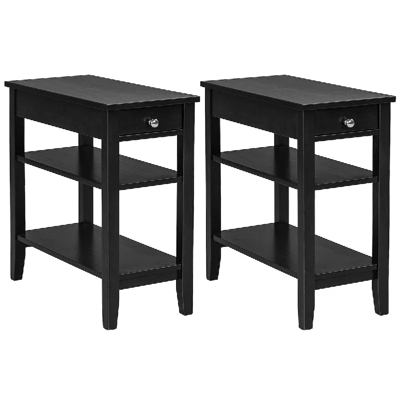 Set of 2 End Table with Drawer, Narrow Side Table with 2-Tier Open Storage Shelves, Slim Side End Table Compact Nightstand