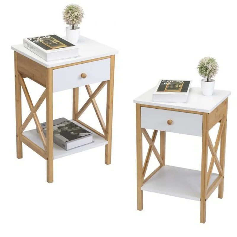 Set of 2 Wood Nightstand End Table Storage Shelf with Drawer