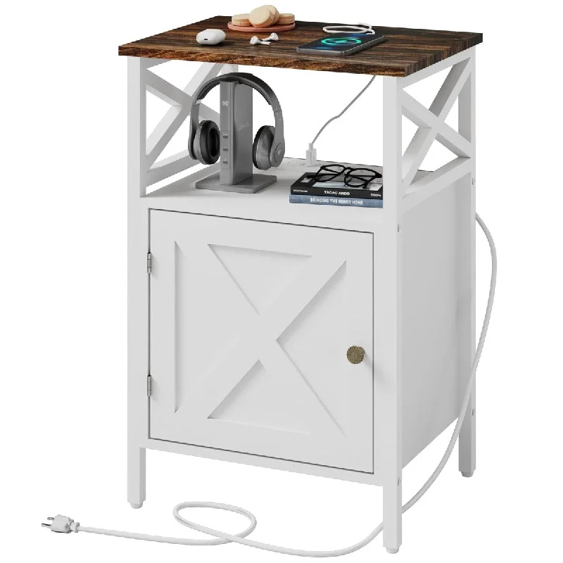 Side Table with Charging Station,End Table with Power Outlet & USB Ports,Nightstand with 2 Tiers Storage Space & Storage Cabinet