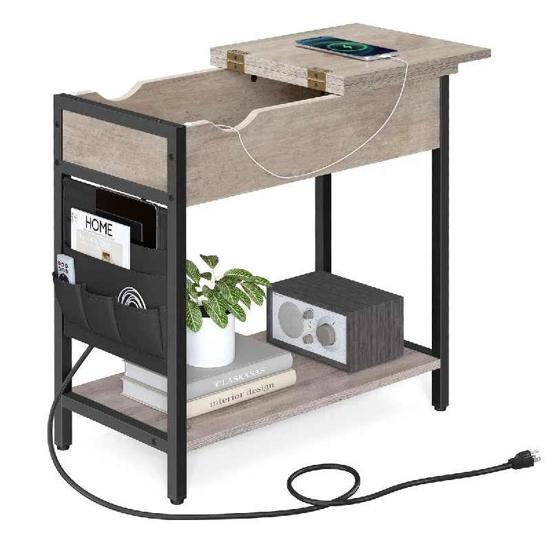 Side Table with Storage, End Table with USB Ports and Outlets, Nightstand with Charging Station, Fabric Bags,23.6x12.4x23.6