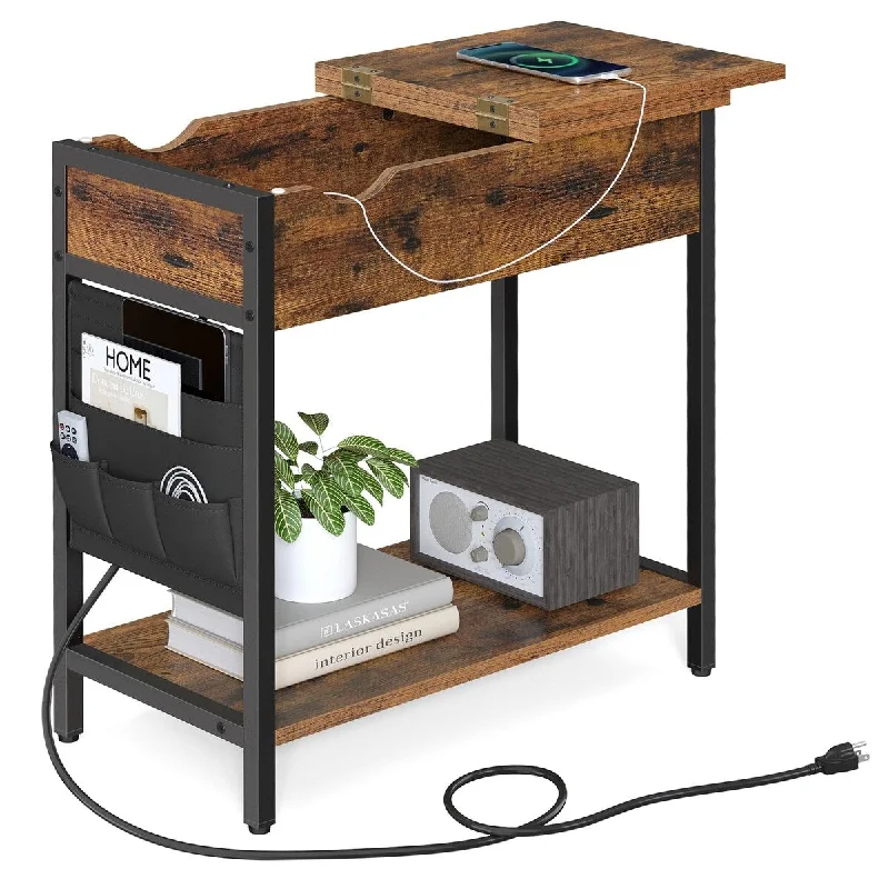 Side Table with Storage, End Table with USB Ports and Outlets, Nightstand with Charging Station, Fabric Bags