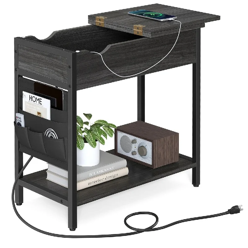 Side Table with Storage, End Table with USB Ports and Outlets, Nightstand with Charging Station, Fabric Bags