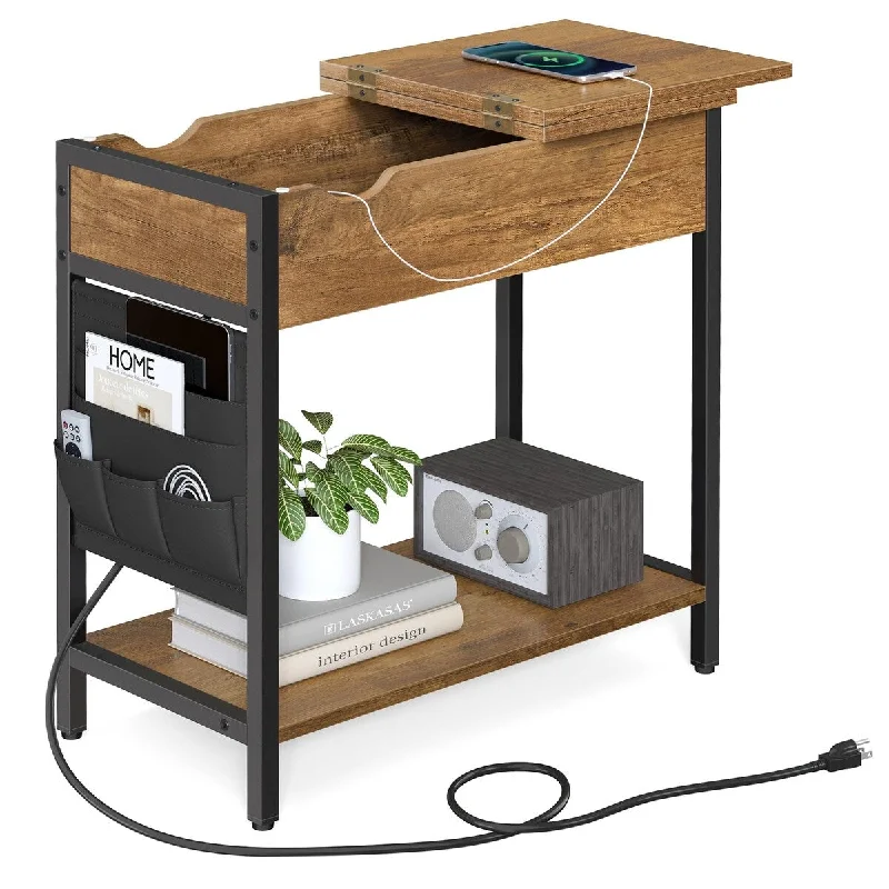 Side Table with Storage,End Table with USB Ports and Outlets,Nightstand with Charging Station,Rustic Walnut 23.6 x 12.4 x 23.6