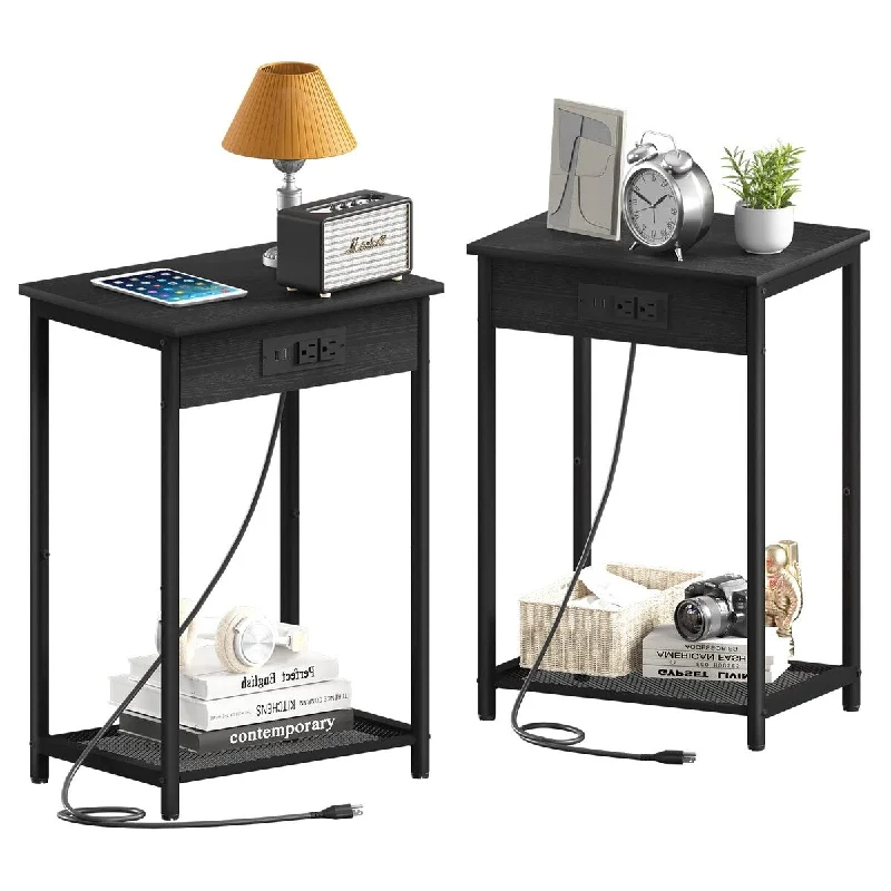 Table with Charging Station, End Tables Living Room Set of 2, Industrial 2 Tier Nightstand with USB Ports