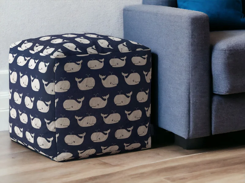 Twill Animal Print Pouf Ottoman - Blue / White