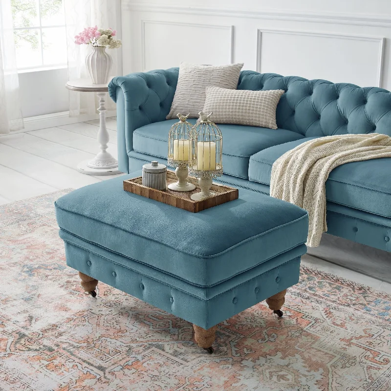 Velvet Rolling Tufted Cocktail Ottoman - Teal Blue / Natural