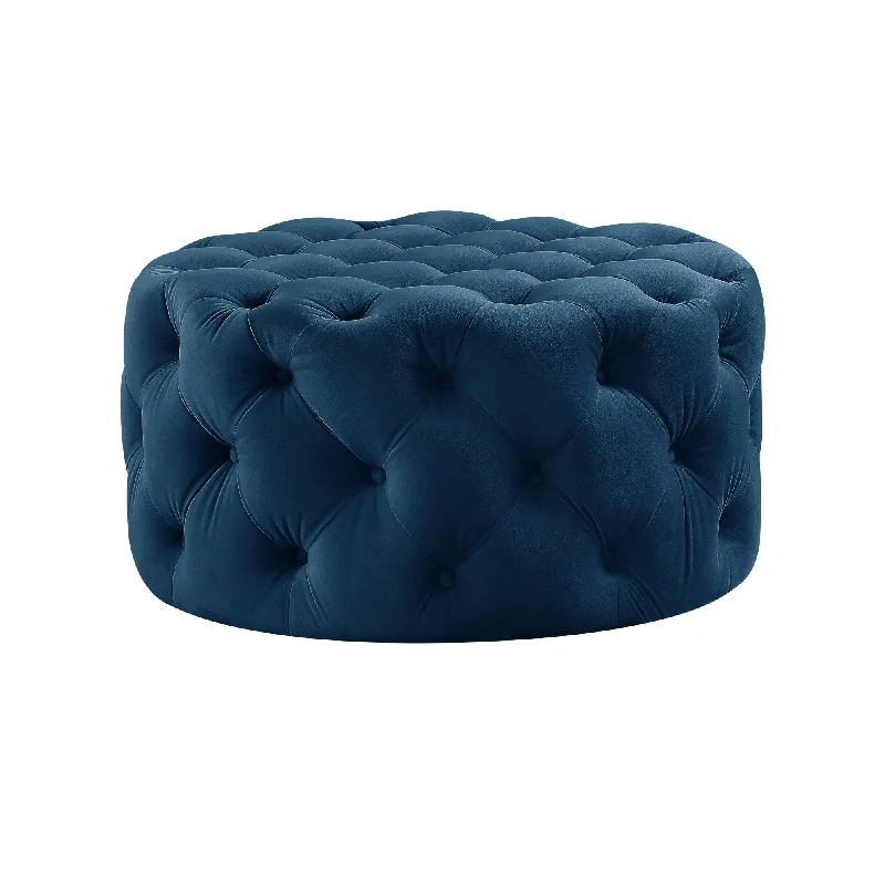 Velvet Rolling Tufted Round Cocktail Ottoman - Navy Blue