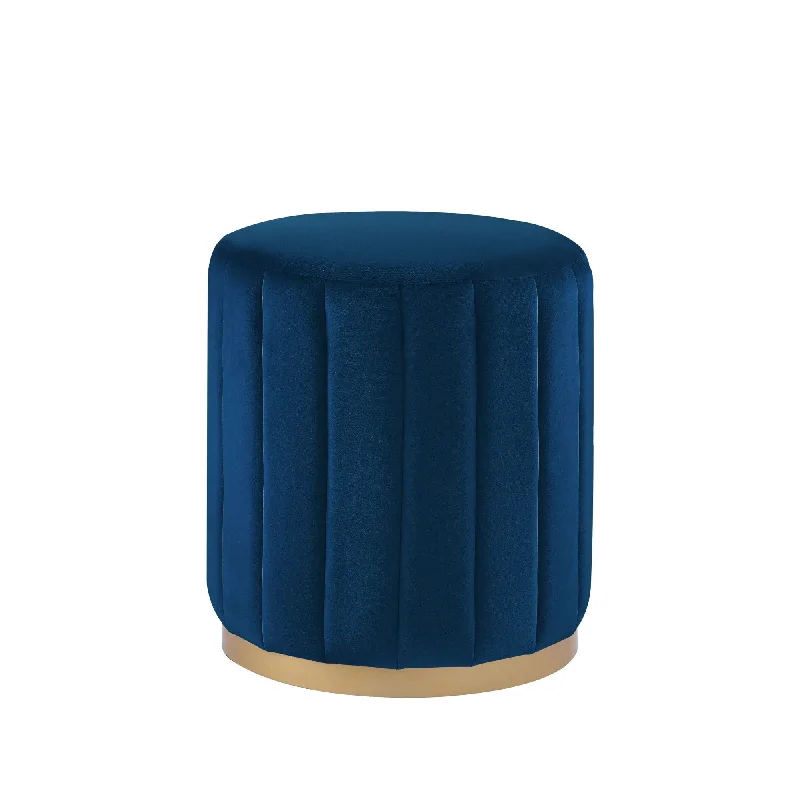 Velvet Round Ottoman - Navy Blue / Gold