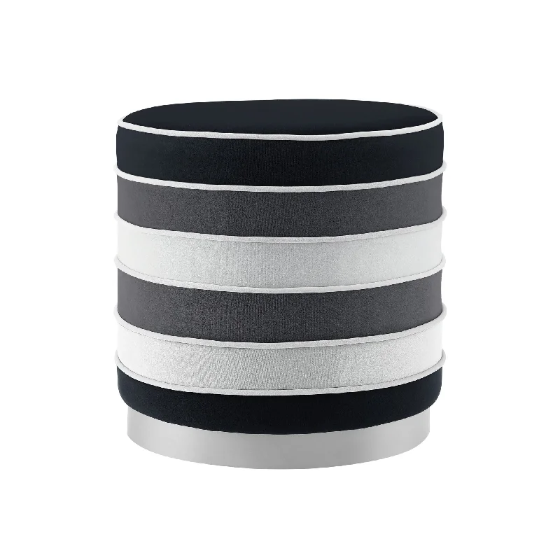 Velvet Round Striped Ottoman - Black / Silver