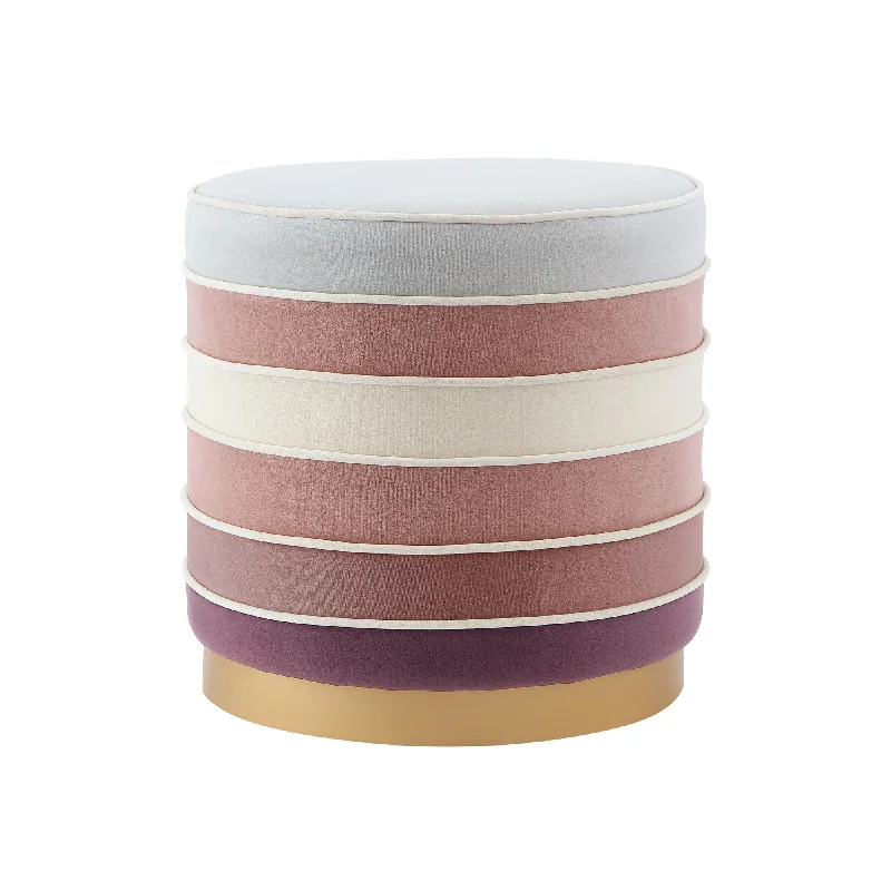 Velvet Round Striped Ottoman - Blush / Gold