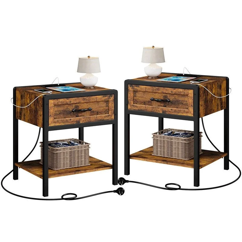 Vintage Brown End Tables with USB Ports and Storage Drawers