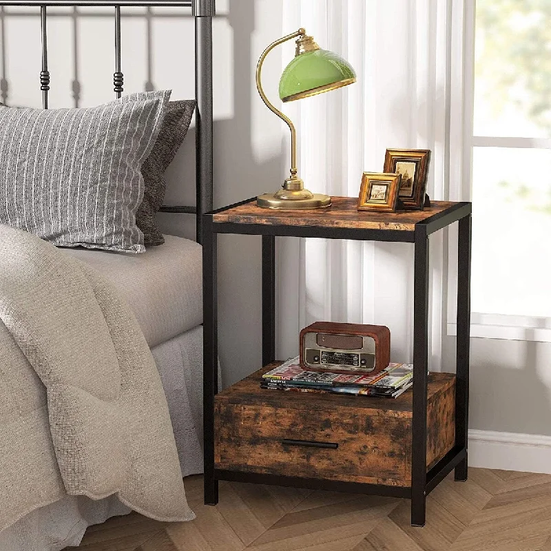 Vintage Nightstands with Drawers and Storage Shelf, Industrial End Table