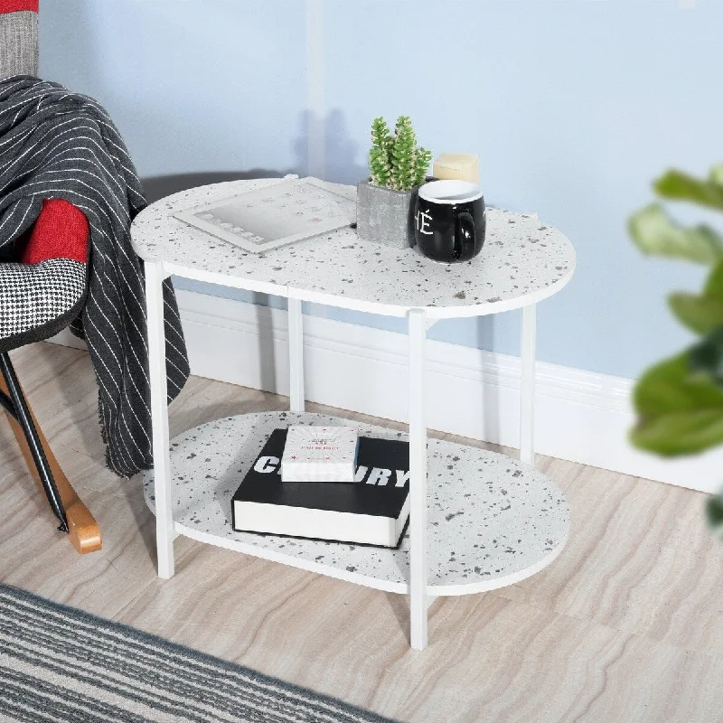 White Side End Table 24" 2-Tiers Oval Nightstand