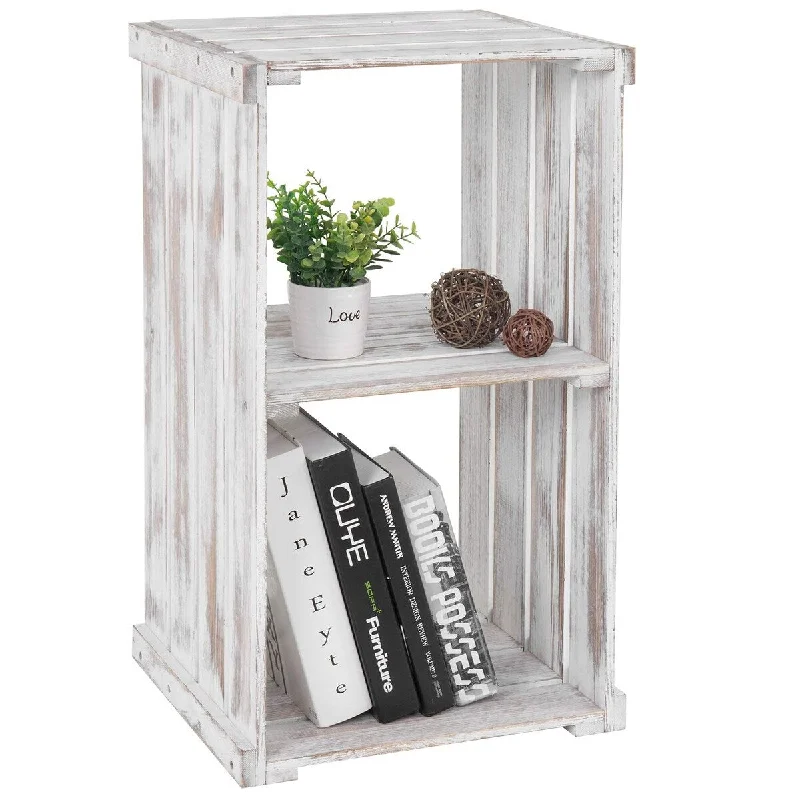 Whitewashed Solid Wood Small End Table Side Table, 2 Tier Crate Design Nightstand Storage Display Shelf Organizer